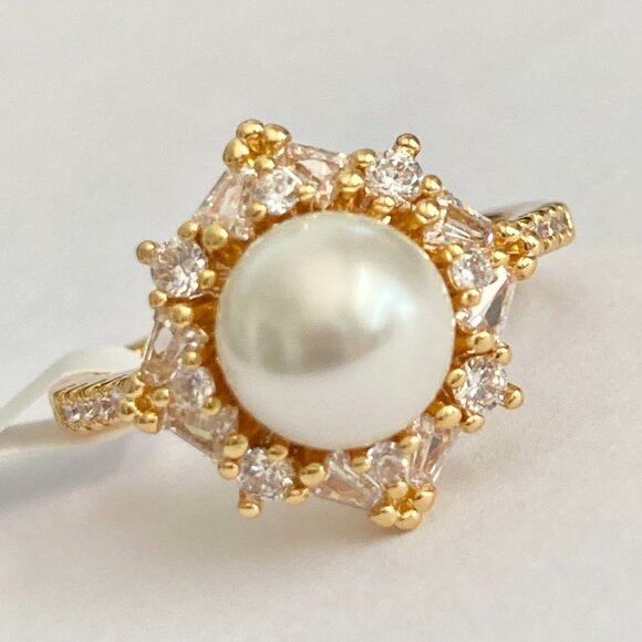 Art Deco Cubic Zirconia White Pearl Cocktail Ring Yellow Gold Plated Size 7 8 9 - Picture 4 of 15